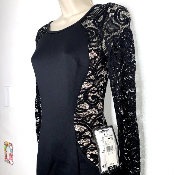 BCX Black Lace & Sequins CUT OUT ILLUSION Bodycon MINI DRESS Sz 5 Whimsigoth Y2K - Picture 2 of 6